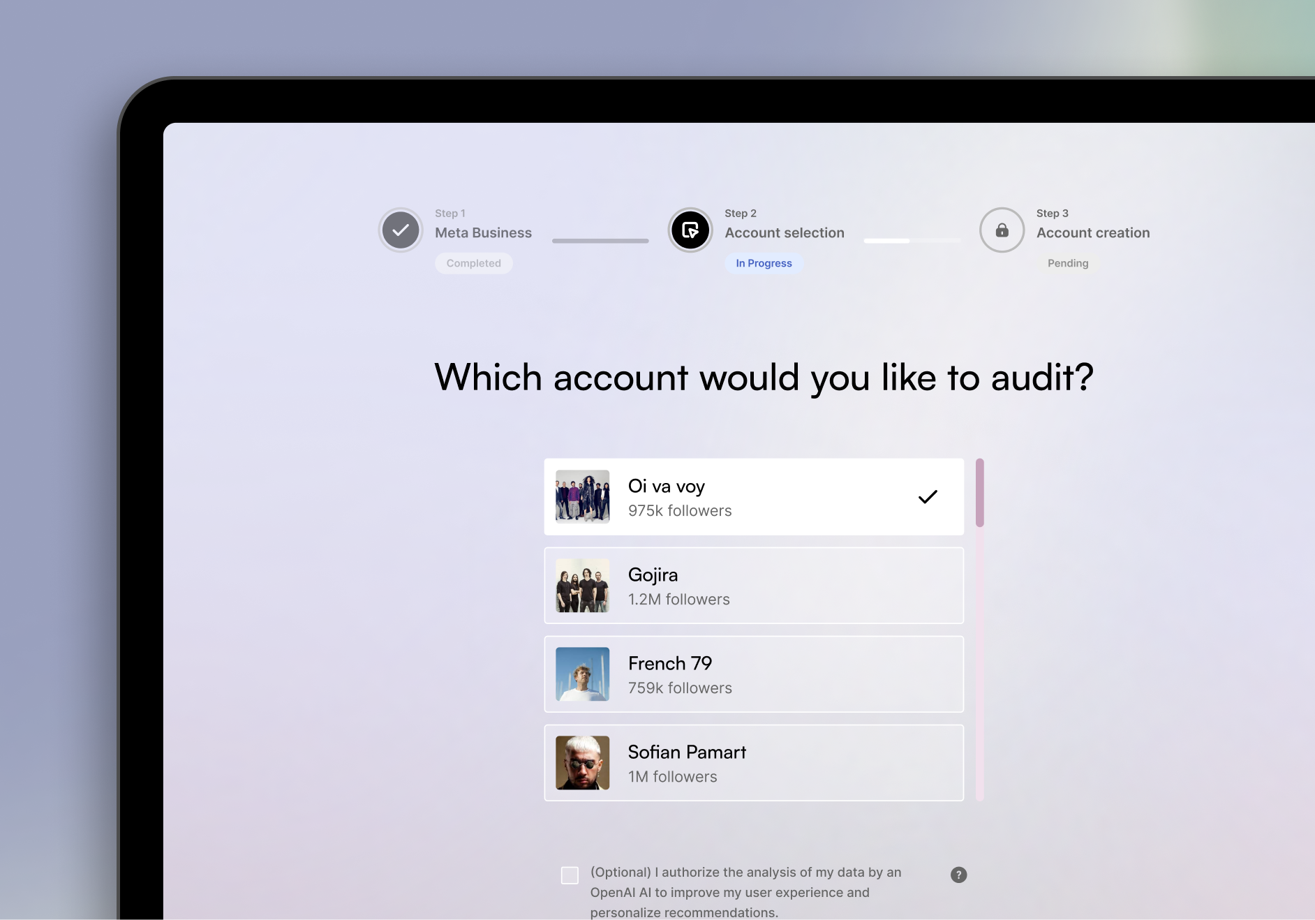 Through multiple iterations, we refined onboarding into three simple steps, helping creators see value immediately from sign-up to first insights, cutting friction and proving impact fast.