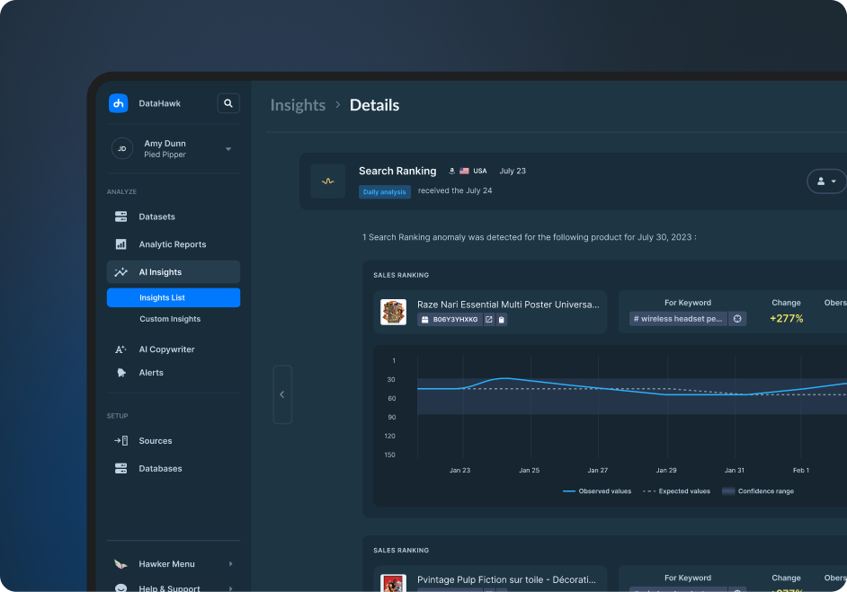 Collaborating with cross-functional teams, I facilitated research for AI-powered features, competitive alerts, and segment analysis. Our goal was to transform complex data into actionable insights and automated workflows