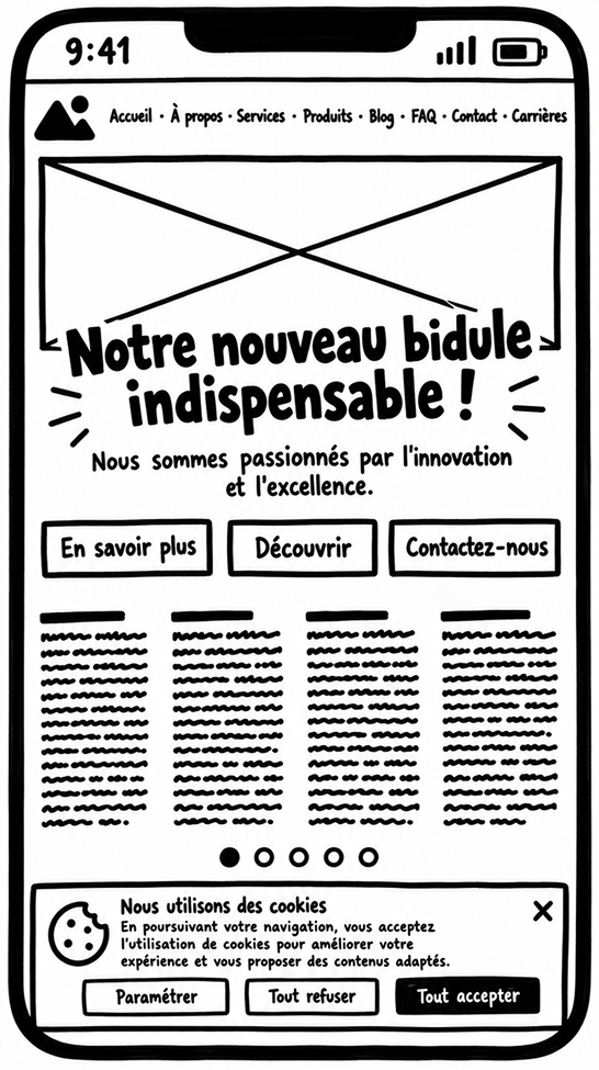La page d'accueil d'un site : « Notre nouveau bidule indispensable ! », trois boutons, des colonnes de texte et une bannière de cookies
